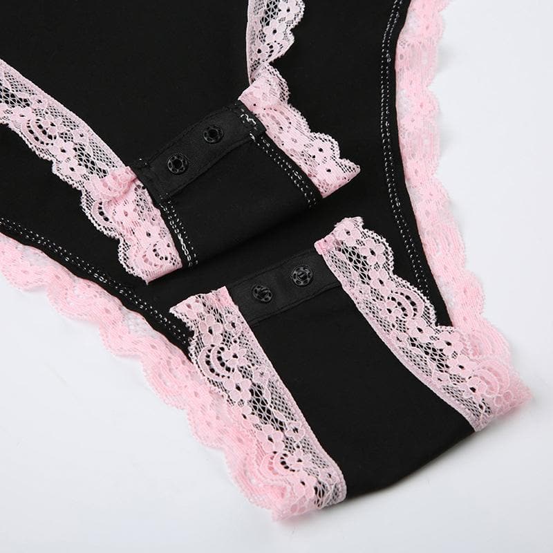 Bowknot lace hem u neck contrast backless cami bodysuit