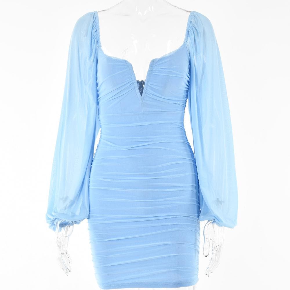 Mesh solid long sleeve ruched notch neck zip-up mini dress