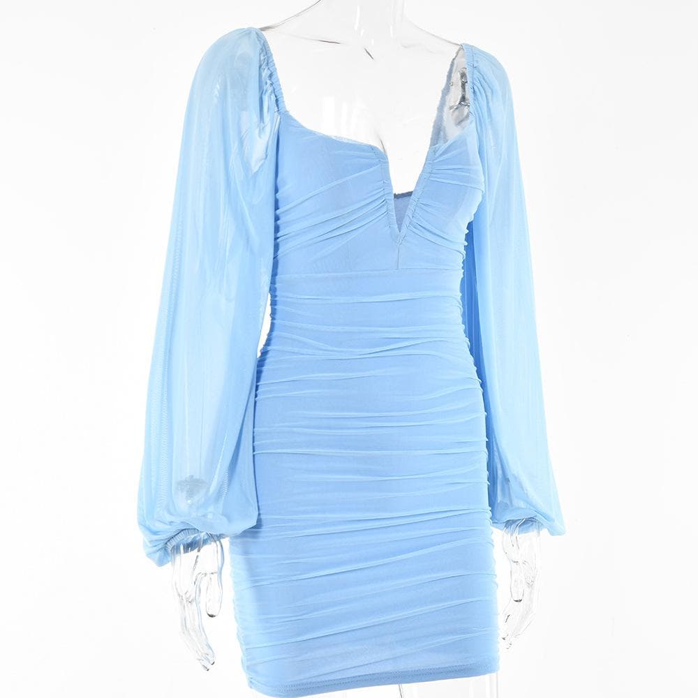 Mesh solid long sleeve ruched notch neck zip-up mini dress
