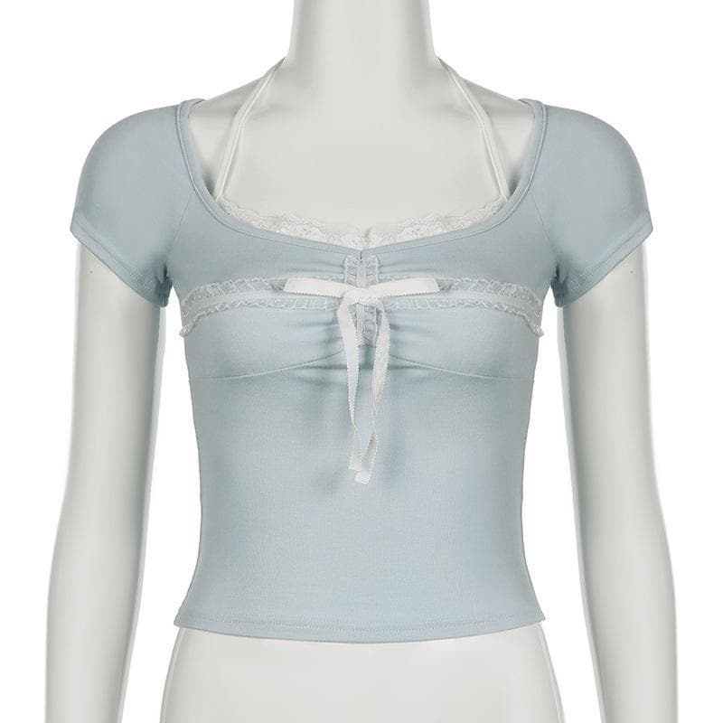 Halter short sleeve bowknot lace hem top