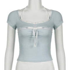 Halter short sleeve bowknot lace hem top