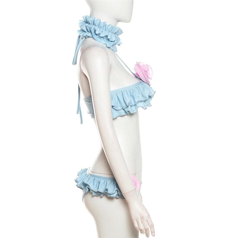 Halter ruffle flower applique self tie 3 piece pant set