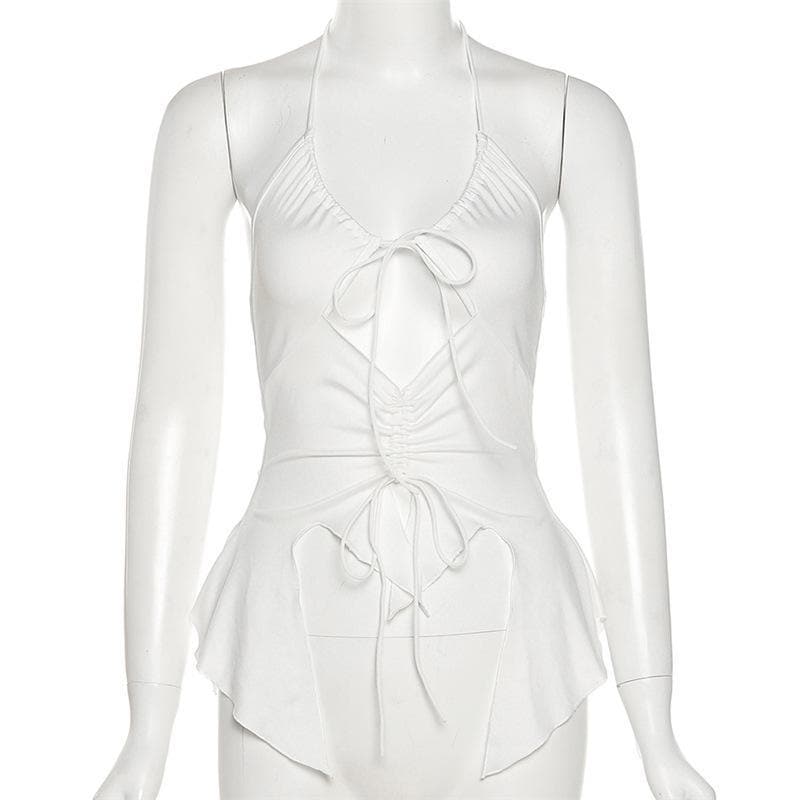 Hollow out ruched halter ruffled tie front cut out top