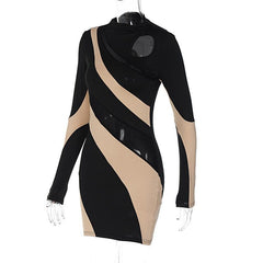 Long sleeve mesh contrast patchwork hollow out cut out mini dress