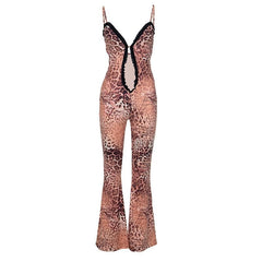 Leopard print lace hem ruffle hollow out cami jumpsuit
