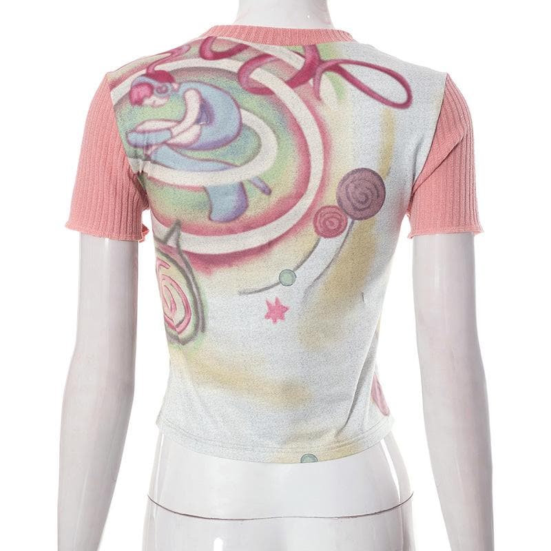 Abstract short sleeve crewneck contrast patchwork top