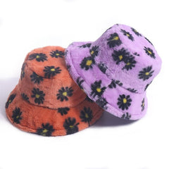 Flower pattern contrast fluffy fisherman bucket hat