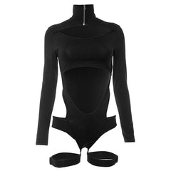 Hollow out zip-up long sleeve button buckle bodysuit