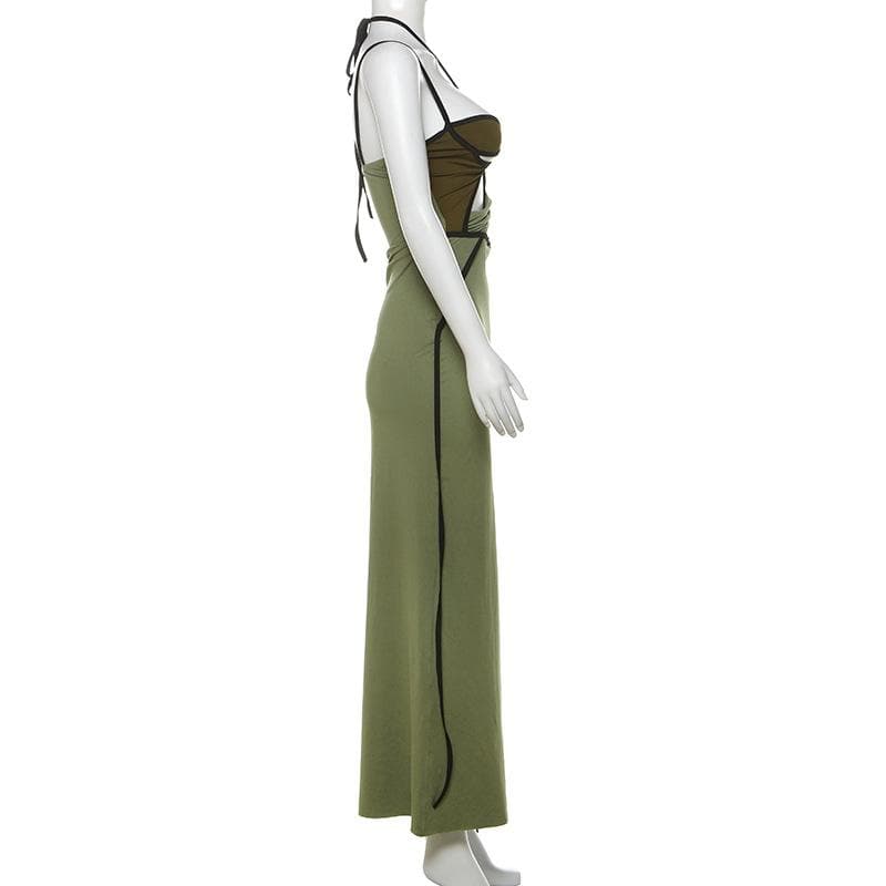 Halter contrast hollow out slit cami cut out midi dress