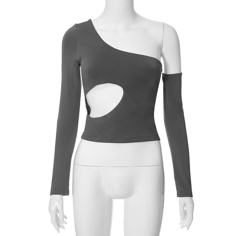 Hollow out solid one shoulder gloves irregular cut out top
