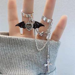 Bat heart rhinestone cross adjustable ring