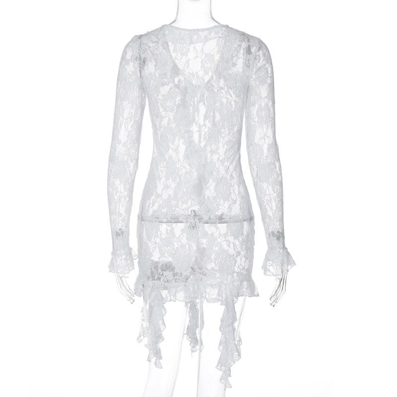 Long flared sleeve ruffle lace see through mini dress