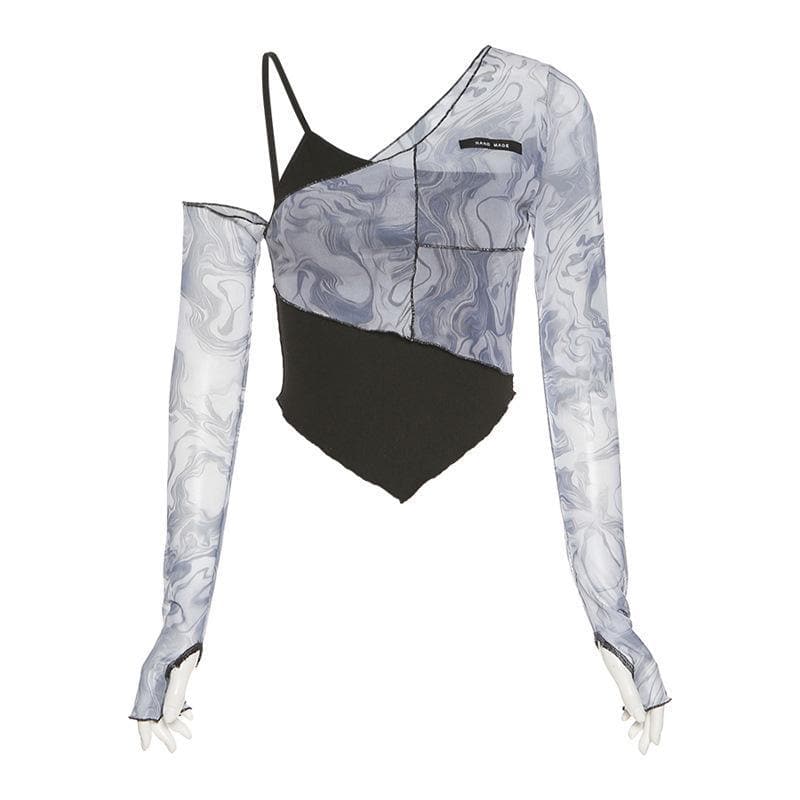 Long sleeve mesh irregular ruffled crop top