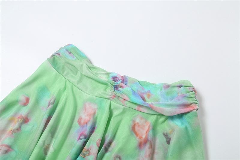 Halter ruched print ruffle mesh mini skirt set