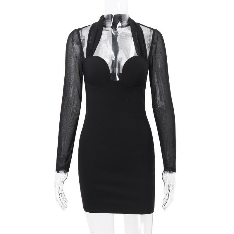 Long sleeve halter mesh zip-up mini dress