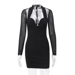 Long sleeve halter mesh zip-up mini dress