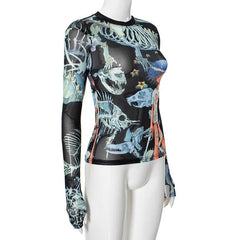 Long sleeve abstract print mesh top