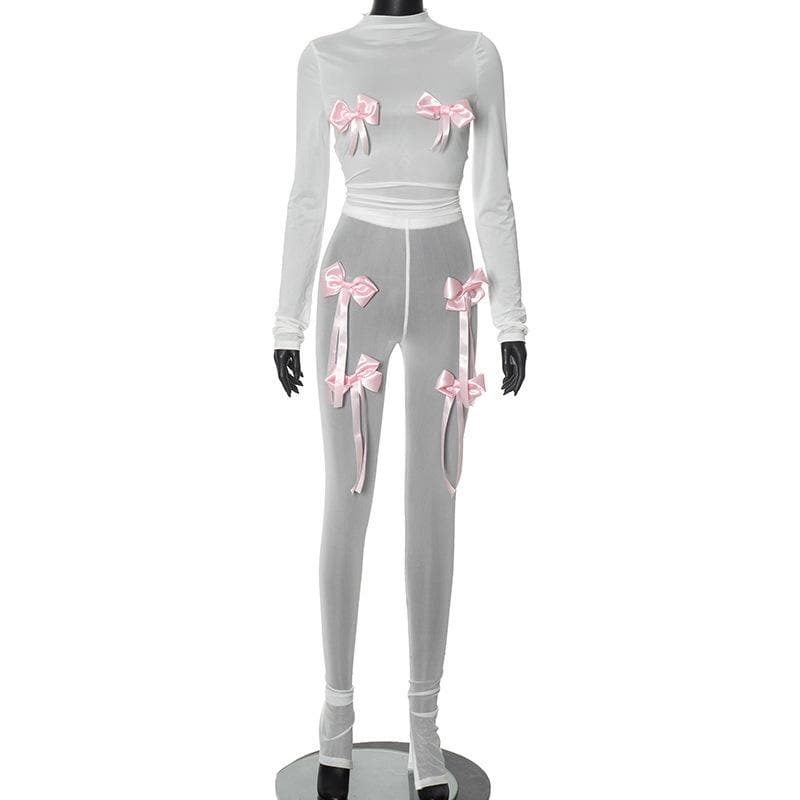 Long sleeve bowknot high neck mesh see through pant set