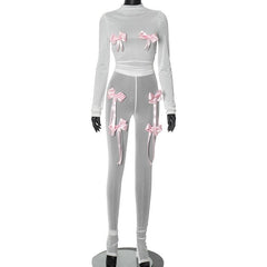 Long sleeve bowknot high neck mesh see through pant set
