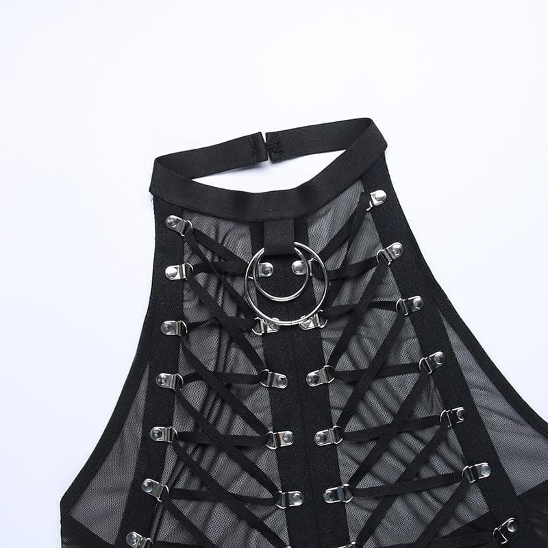 Mesh see through lace up open back metal ring open back top