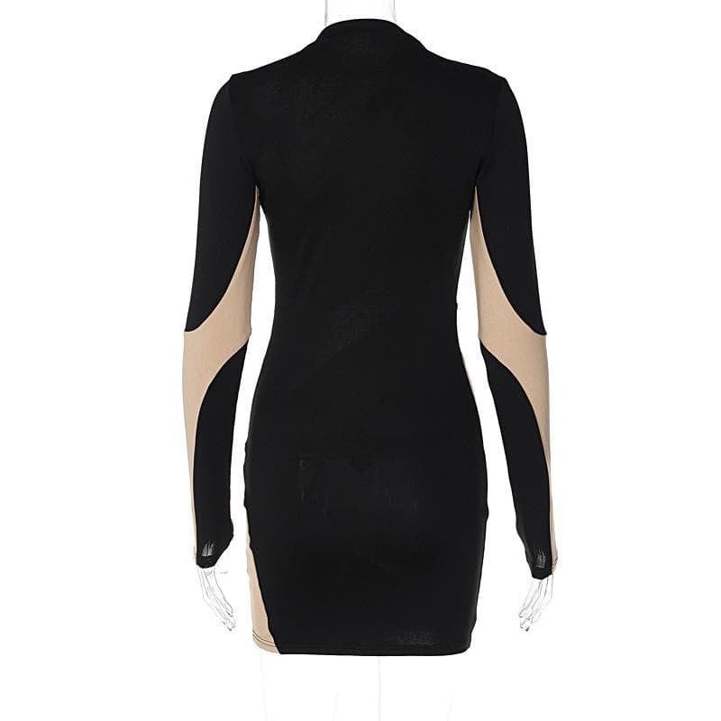 Long sleeve mesh contrast patchwork hollow out cut out mini dress