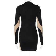 Long sleeve mesh contrast patchwork hollow out cut out mini dress