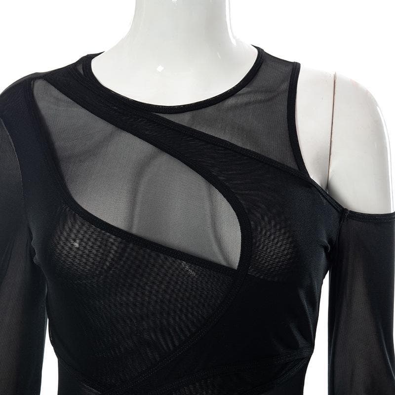 Long sleeve off shoulder irregular sheer mesh bodysuit