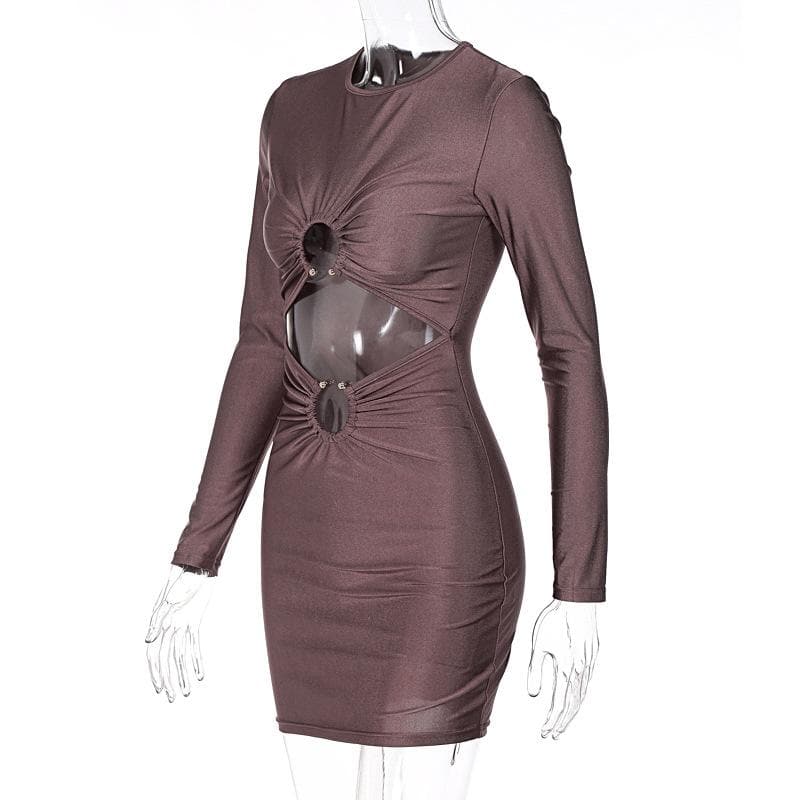 Long sleeve solid ruched o ring hollow out cut out mini dress
