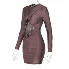 Long sleeve solid ruched o ring hollow out cut out mini dress