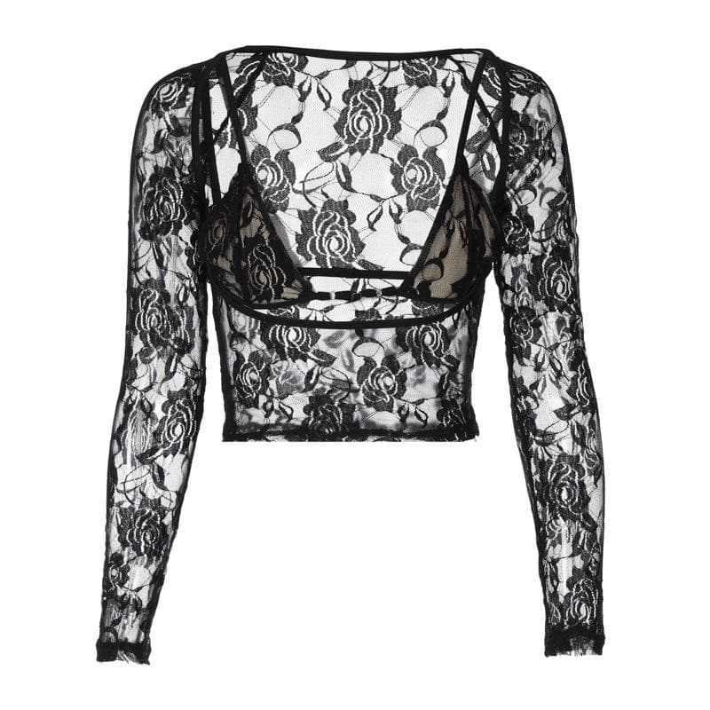 Long sleeve hollow out contrast lace 2 piece cut out top