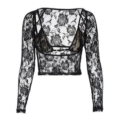 Long sleeve hollow out contrast lace 2 piece cut out top