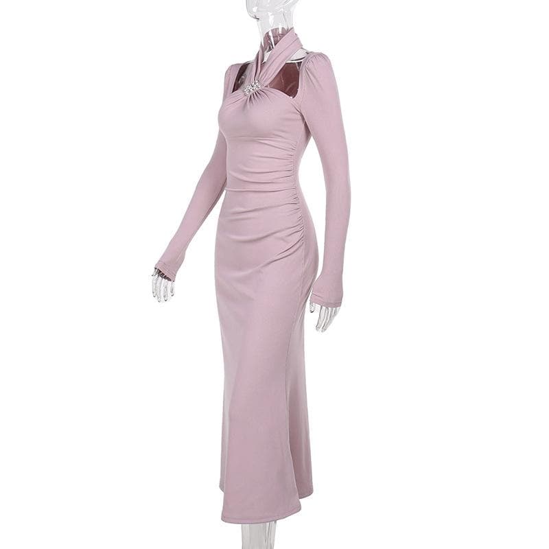 Long sleeve halter faux pearl applique ruched midi dress