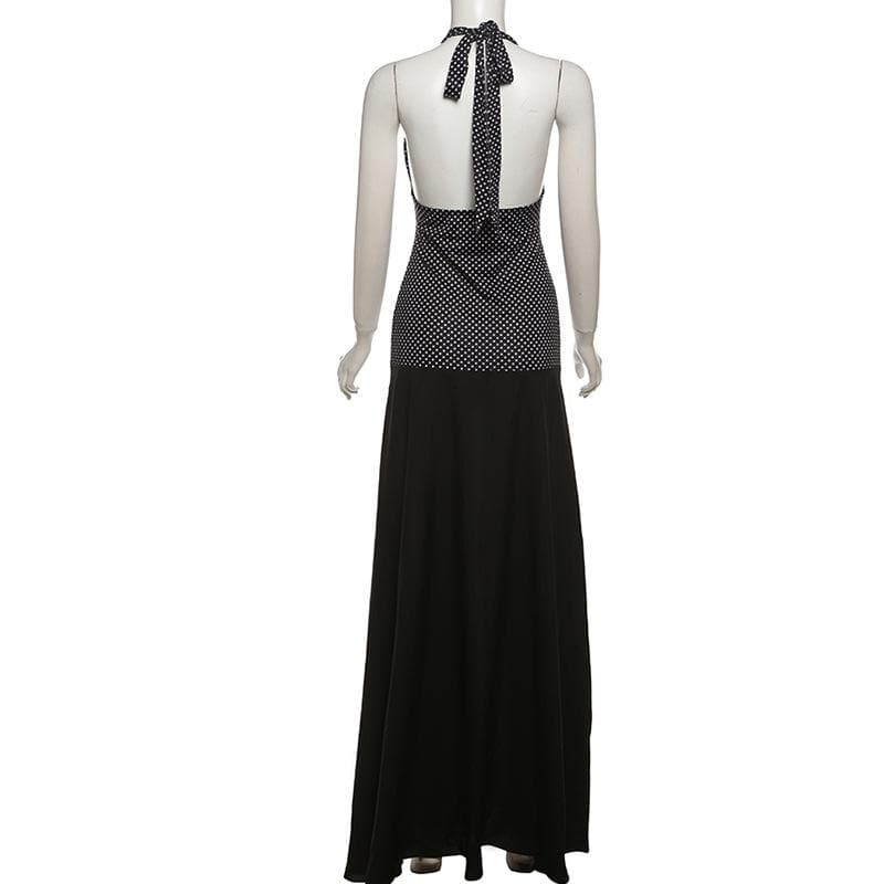 Halter polka dot print v neck backless maxi dress