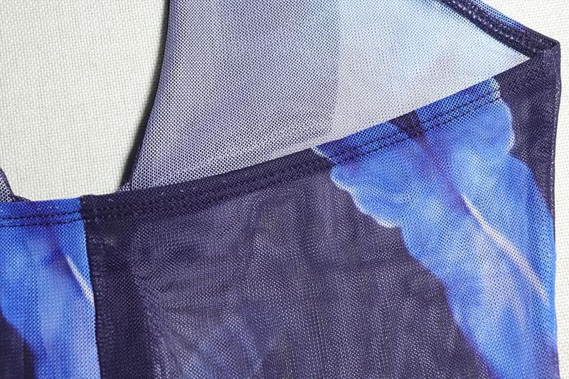 Halter ruffle sheer mesh backless print jumpsuit