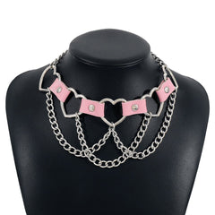 Heart ring PU chain layered choker necklace