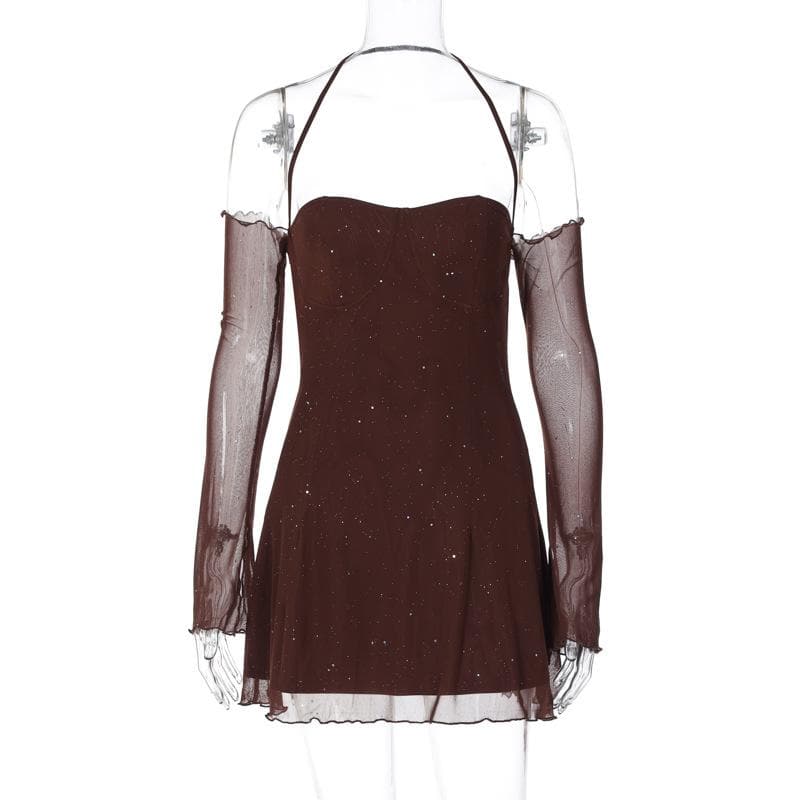 Long sleeve halter mesh glitter off shoulder mini dress