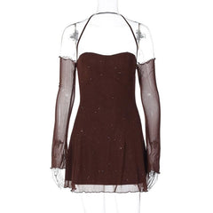 Long sleeve halter mesh glitter off shoulder mini dress