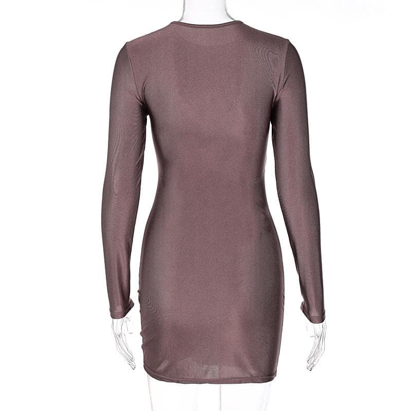Long sleeve solid ruched o ring hollow out cut out mini dress