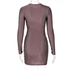 Long sleeve solid ruched o ring hollow out cut out mini dress