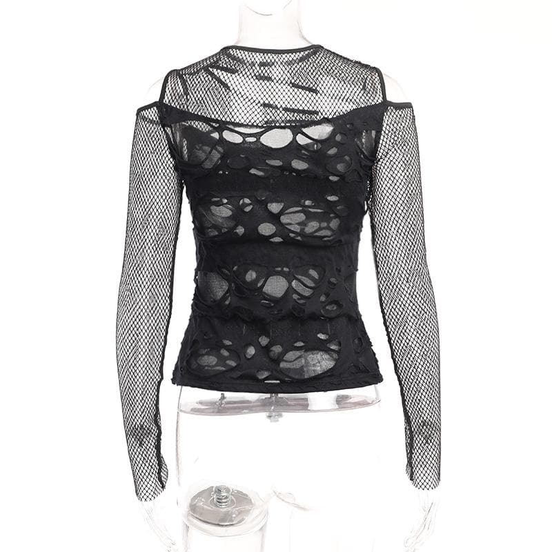 Long sleeve fishnet hollow out irregular see through cut out top