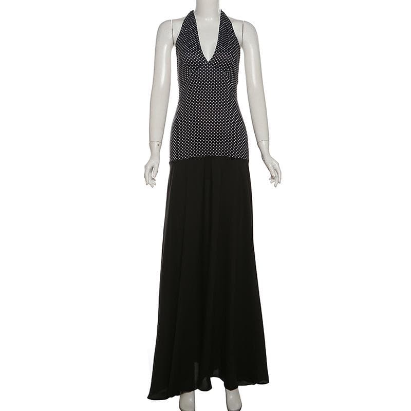 Halter polka dot print v neck backless maxi dress