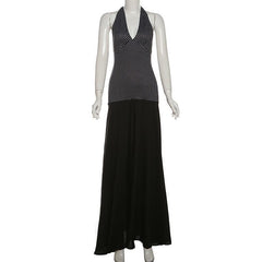 Halter polka dot print v neck backless maxi dress