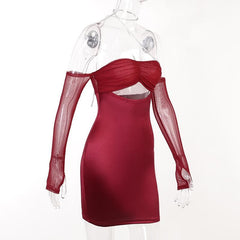 Mesh gloves solid halter ruched hollow out off shoulder cut out mini dress