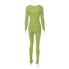 Long sleeve solid u neck slit jumpsuit