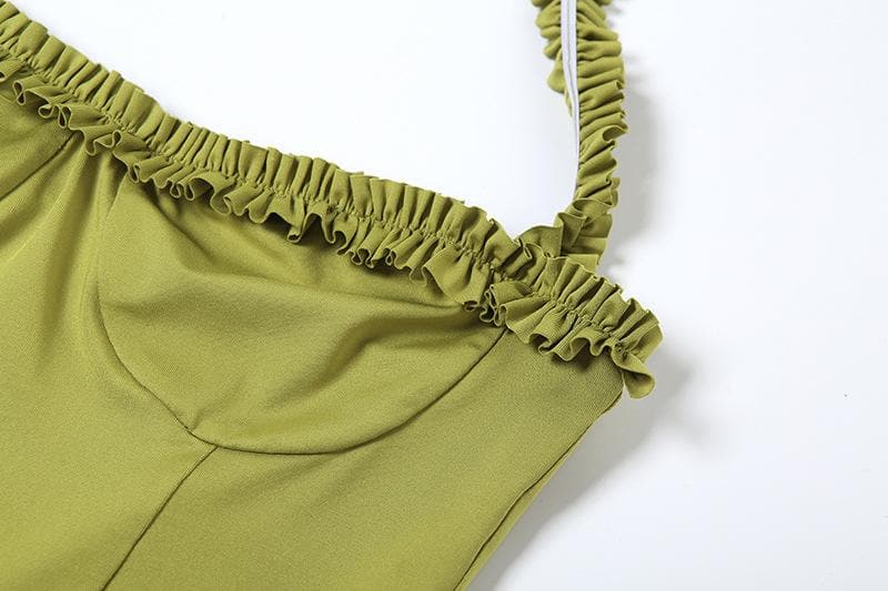 Halter ruffle sweetheart neck solid midi dress