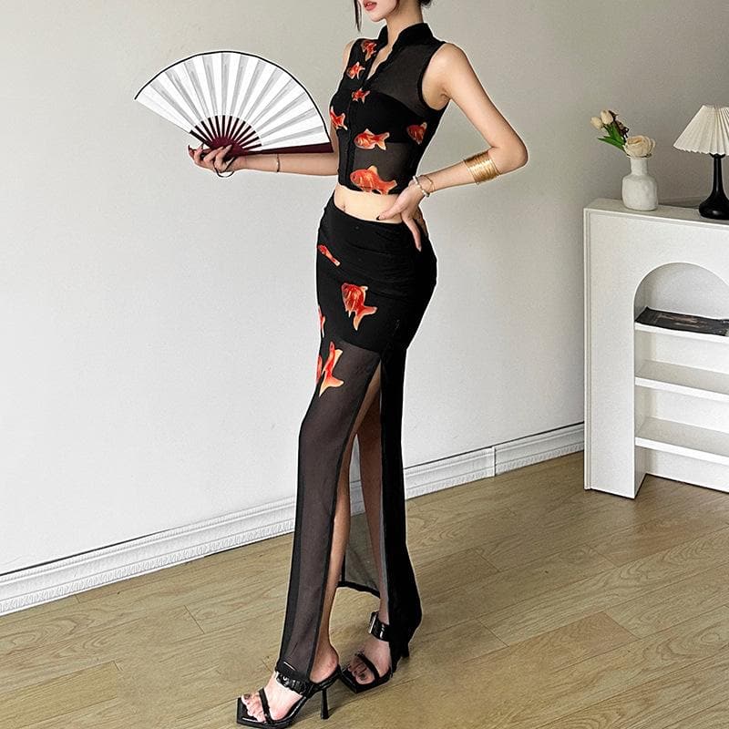 High slit goldfish print button mesh see through maxi skirt set