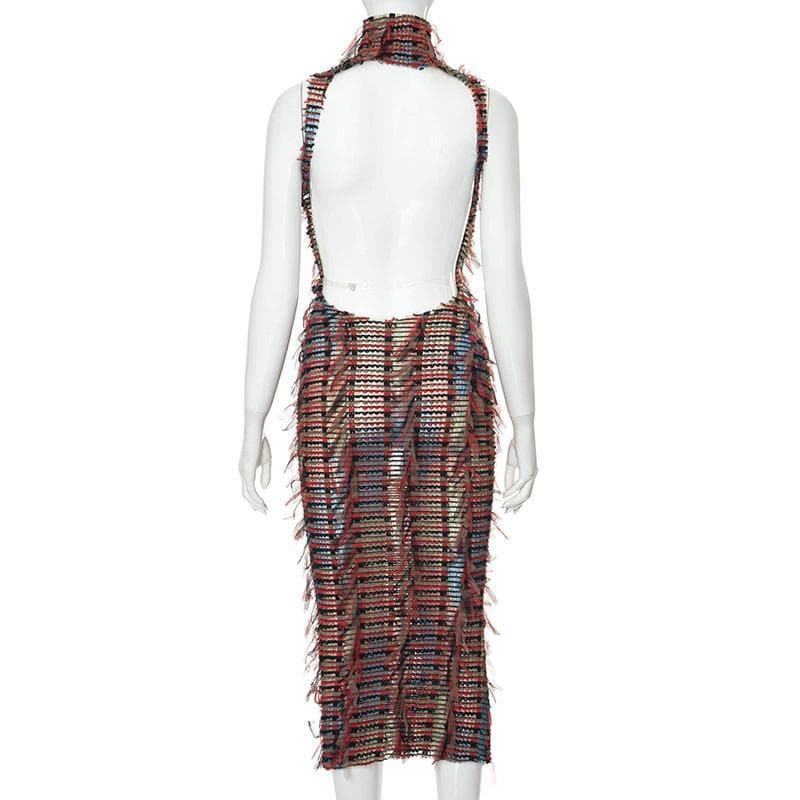 High neck hollow out mesh backless cut out midi dress