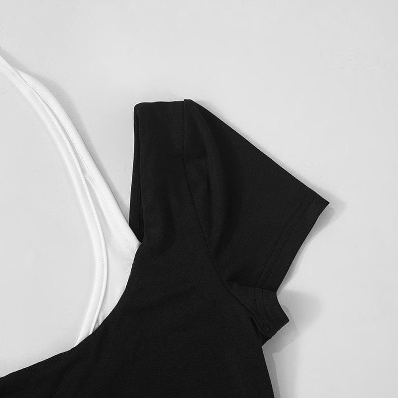 Halter u neck contrast short sleeve top