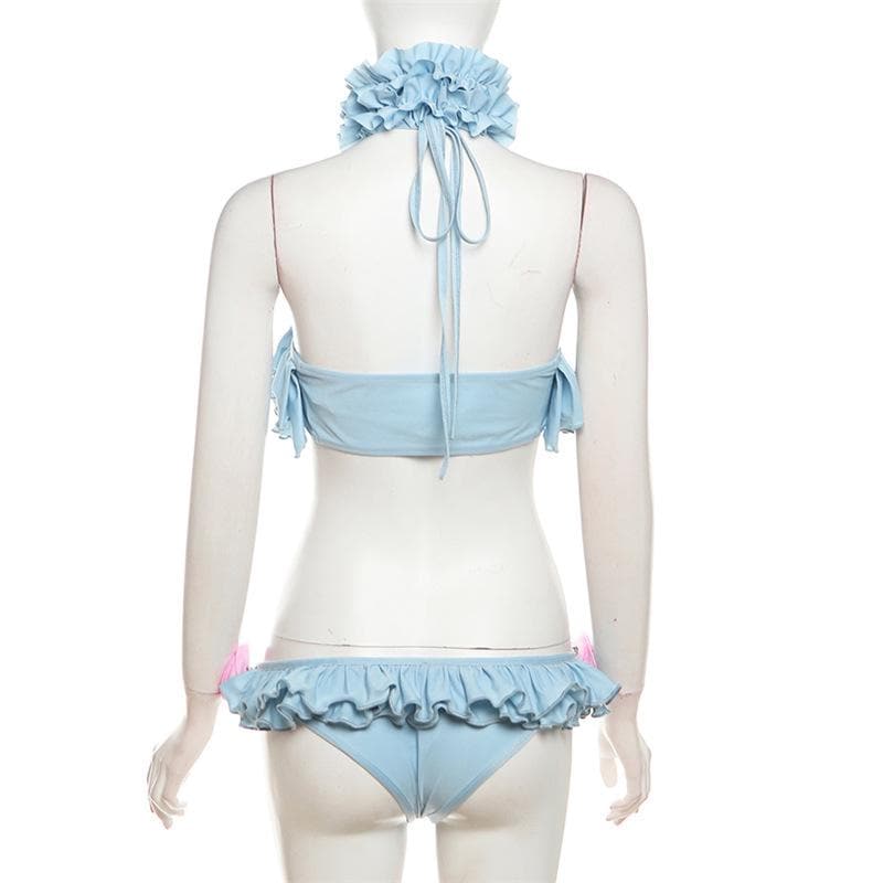 Halter ruffle flower applique self tie 3 piece pant set