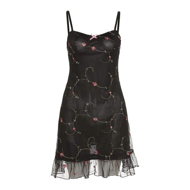 Mesh ruffle backless flower embroidery contrast cami mini dress
